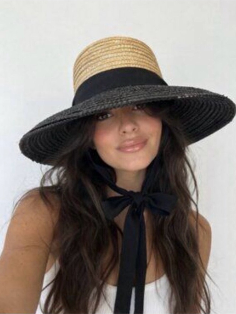 Wyeth Two-Tone Straw Wide Brim Ribbon Tie Hat.
